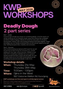 Poster for KWP Workshops May 2026 advertising the Deadly Dough 2-part series, with dates, times, and venue details.